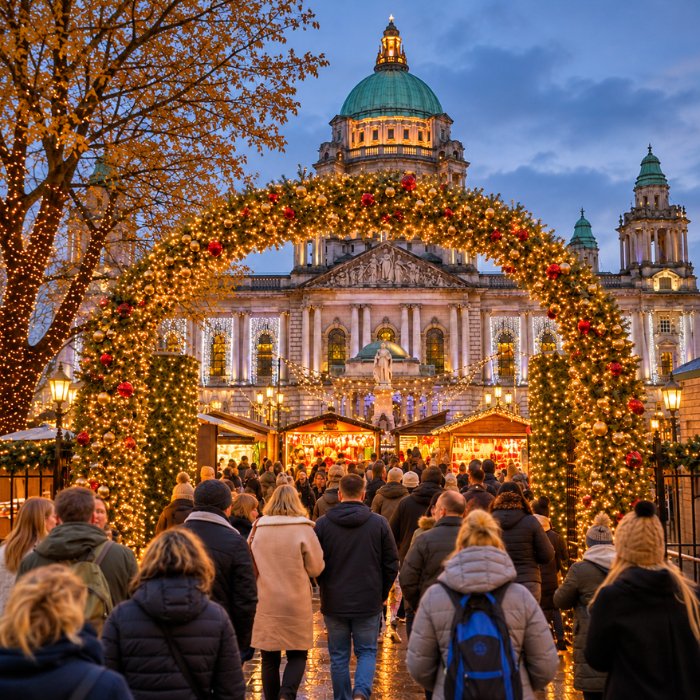 Visitors entering Belfast Christmas Market beneath a glowing festive arch with City Hall behind
