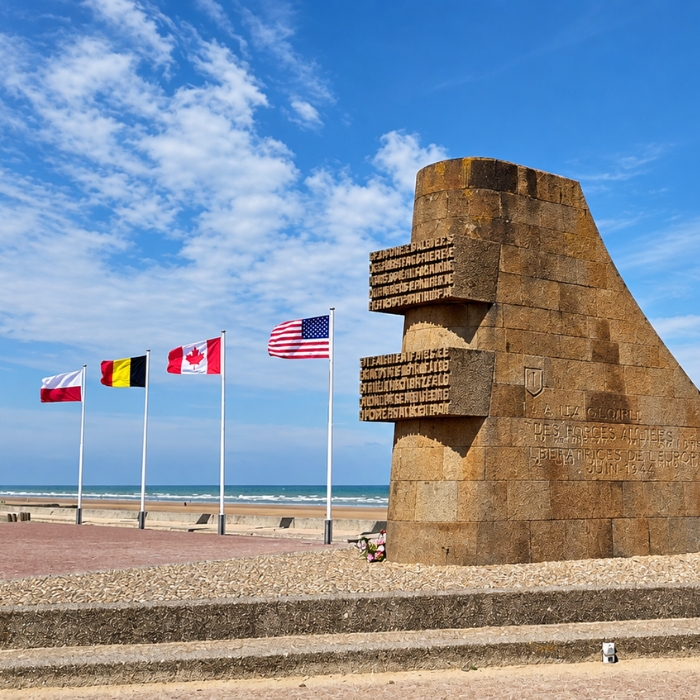 Memorial and flags at Omaha Beach