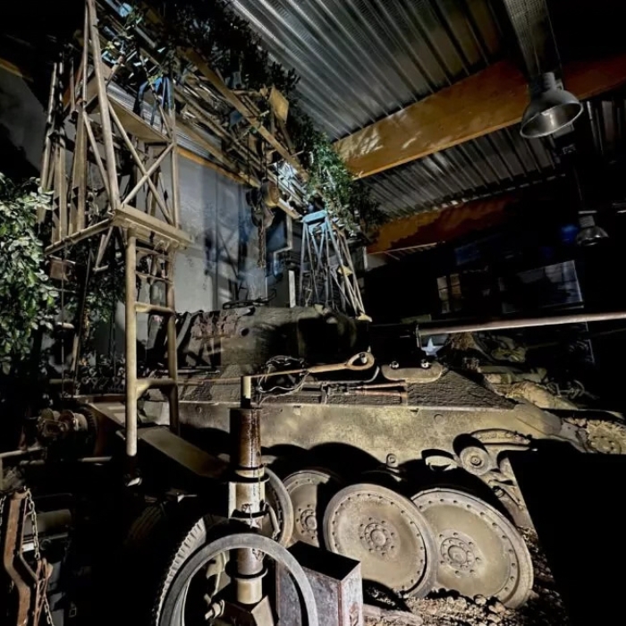 Military vehicle display inside the Overlord Museum