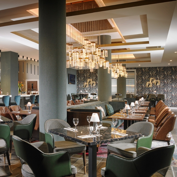 Elegant tables and lighting in the Fairways Hotel Brasserie