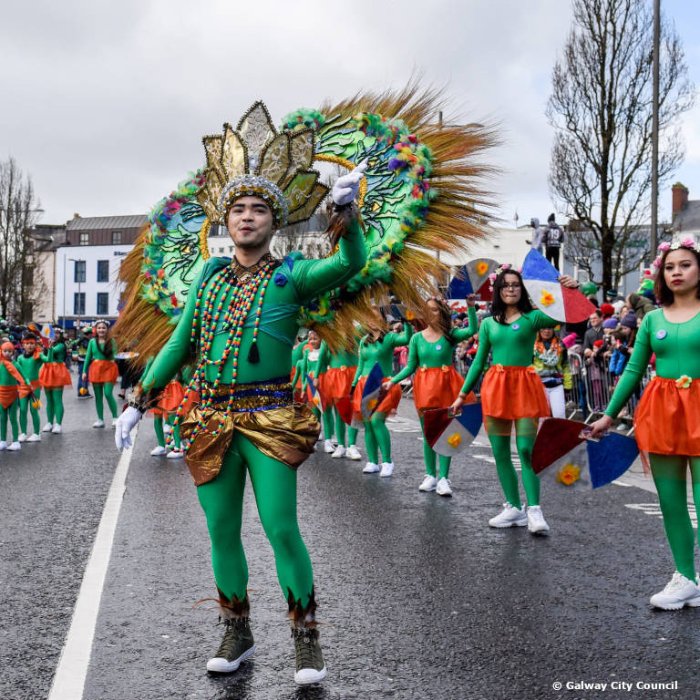 A performer in an elaborate green costume leading a colourful group in Galway’s parade
