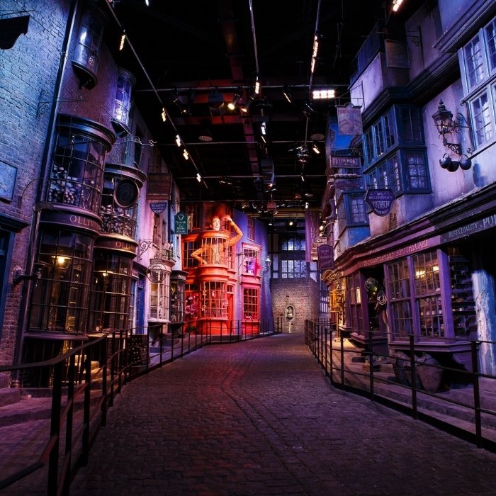 Colourful shopfronts and cobbled street on the Diagon Alley film set