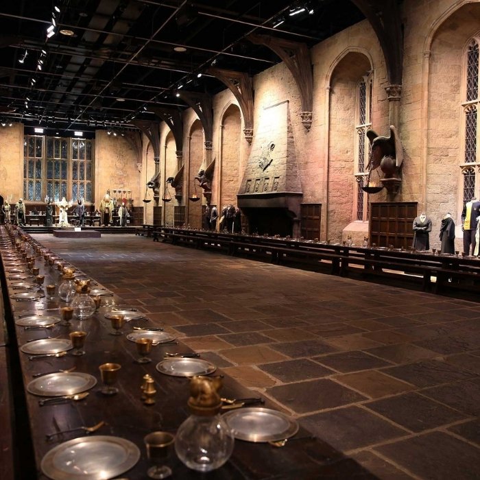 House tables and stone floor inside the original Great Hall film set