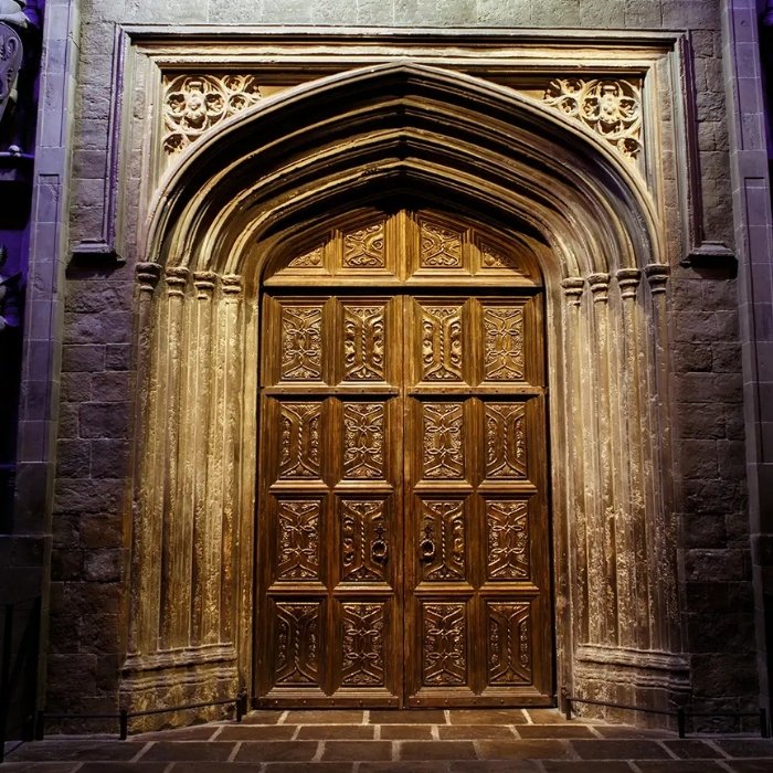 The ornate golden doors to the Great Hall at the Harry Potter Studio Tour