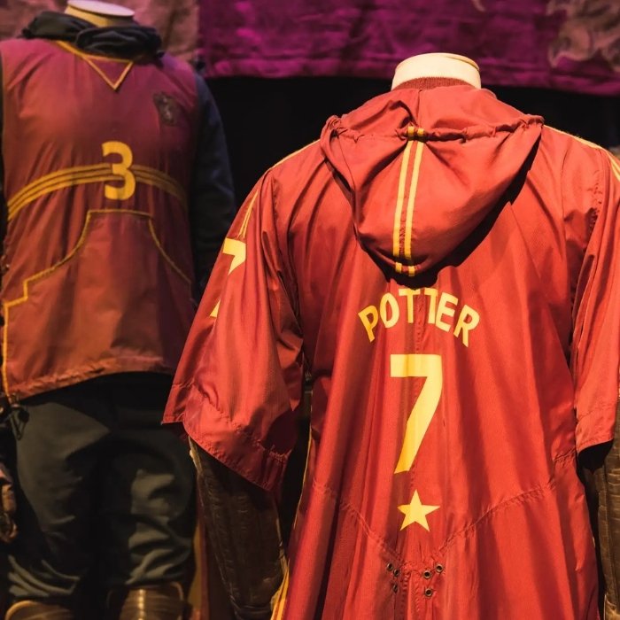 Harry Potter's red Quidditch costume displayed at the Studio Tour