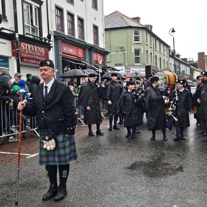A pipe band marching through Letterkenny