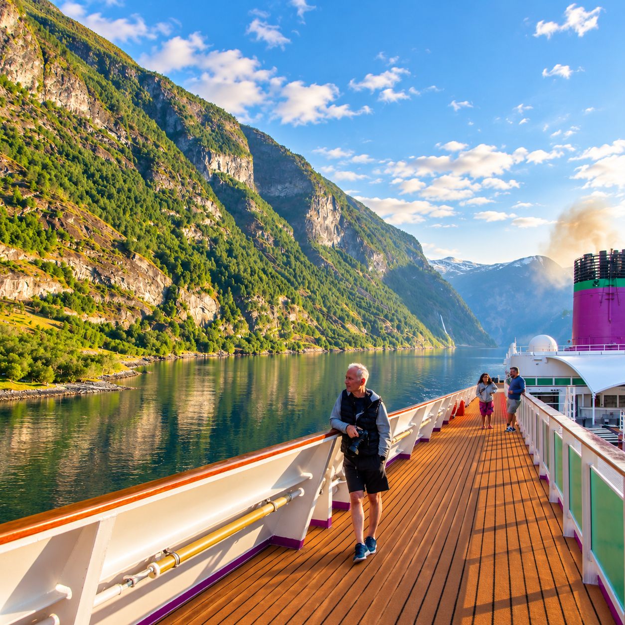 A passenger enjoying the mountain scenery from the ship&rsquo;s open deck