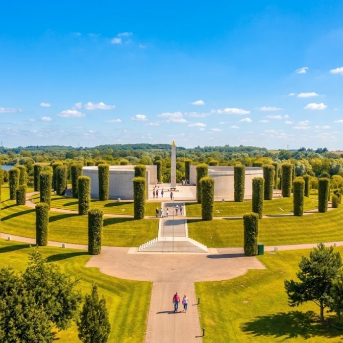The Armed Forces Memorial framed by trees at the National Memorial Arboretum