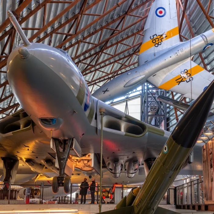 Historic aircraft displayed inside the Royal Air Force Museum at Cosford