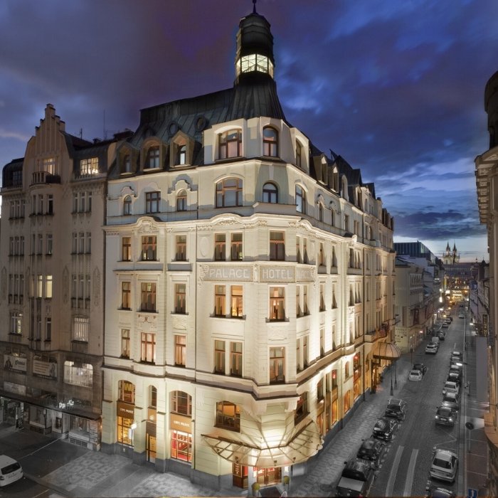 The Art Nouveau Palace Hotel's grand corner fa&ccedil;ade in Prague