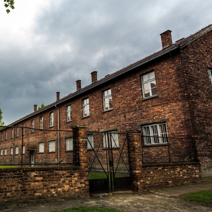 Preserved brick camp buildings at Auschwitz