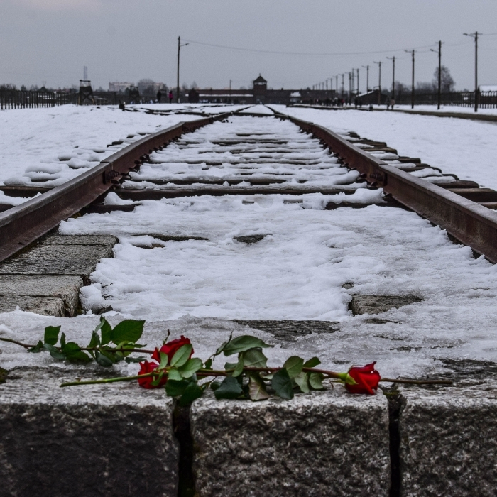 Flowers laid beside the railway tracks at the Auschwitz-Birkenau Memorial