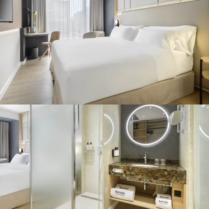 Example bedroom and bathroom at Barcel&oacute; Dresden Newa