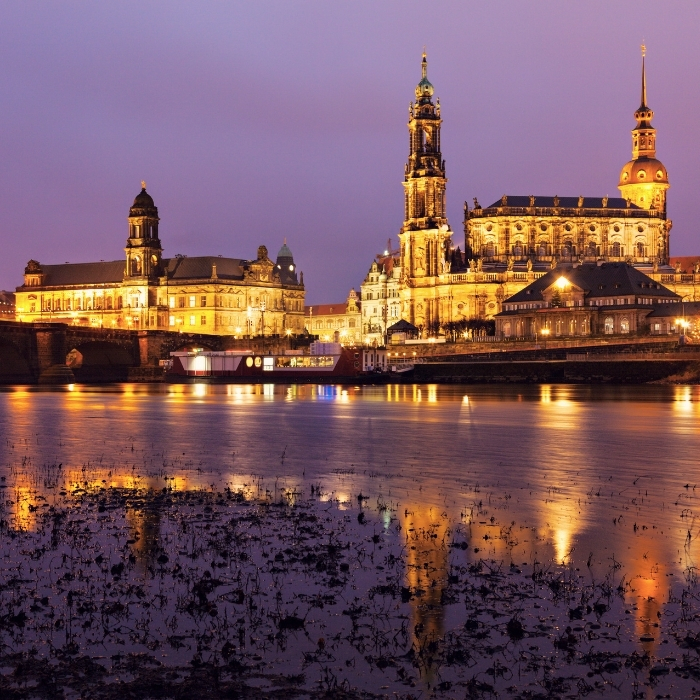 Dresden's historic waterfront reflected in the River Elbe