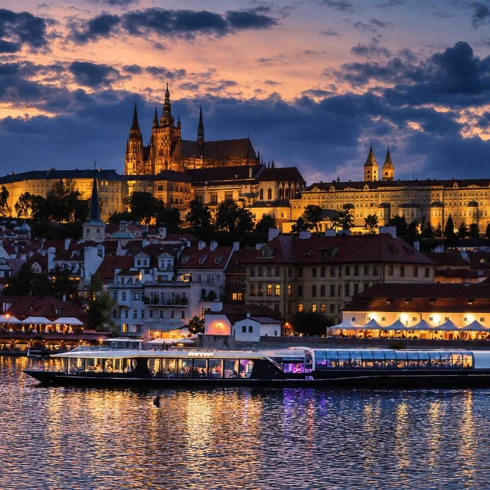 Prague's riverside buildings illuminated in the evening