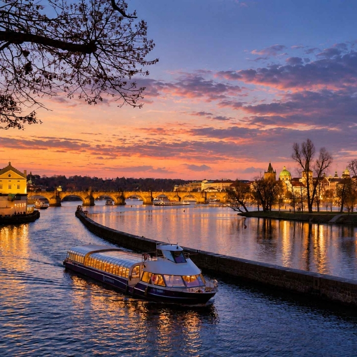 A riverboat on the Vltava beneath a colourful evening sky