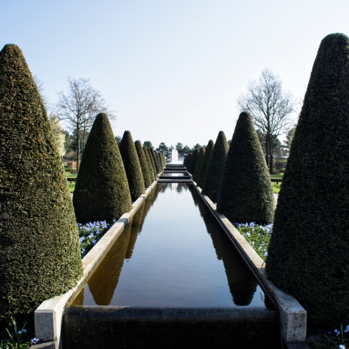 A peaceful reflecting pool framed by clipped hedges at Keukenhof